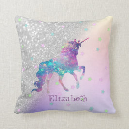 Rainbow Unicorn, Stars, Silberer Glitzer Bokeh Kissen