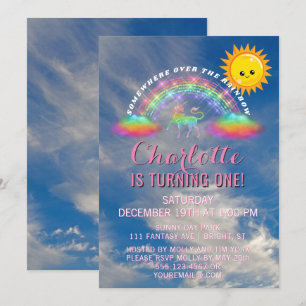 Rainbow Unicorn Sun Clouds 1. Geburtstag Party Einladung