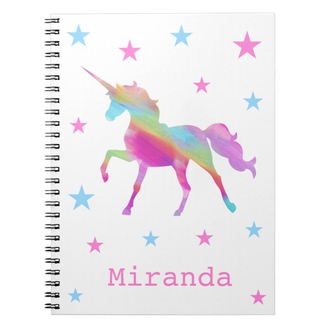 Rainbow Unicorn und Stars Notebook Notizblock (Vorderseite)