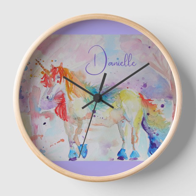 Rainbow Unicorn Wasserfarbenkissen Uhr (Vorderseite)