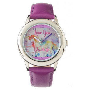 Rainbow Unicorn Watercolor Lila Girls Liebe Armbanduhr
