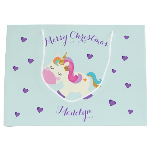 Rainbow Unicorn Weihnachts-Glitzer Aqua Große Geschenktüte (Vorderseite)