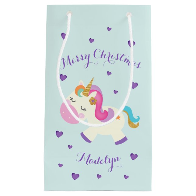 Rainbow Unicorn Weihnachts-Glitzer Aqua Kleine Geschenktüte (Vorderseite)