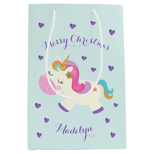 Rainbow Unicorn Weihnachts-Glitzer Aqua Mittlere Geschenktüte (Vorderseite)