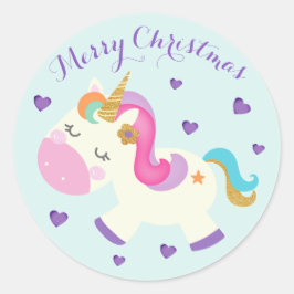 Rainbow Unicorn Weihnachts-Glitzer Aqua Runder Aufkleber