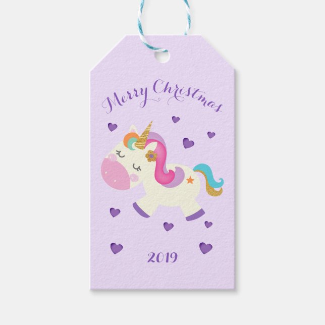 Rainbow Unicorn Weihnachtsfest Glitzer Lila Geschenkanhänger (Vorderseite)