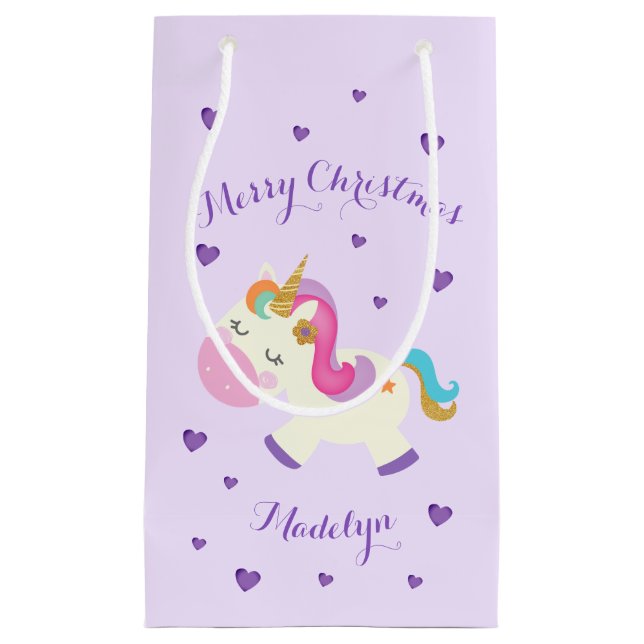 Rainbow Unicorn Weihnachtsfest Glitzer Lila Kleine Geschenktüte (Vorderseite)