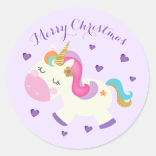 Rainbow Unicorn Weihnachtsfest Glitzer Lila Runder Aufkleber