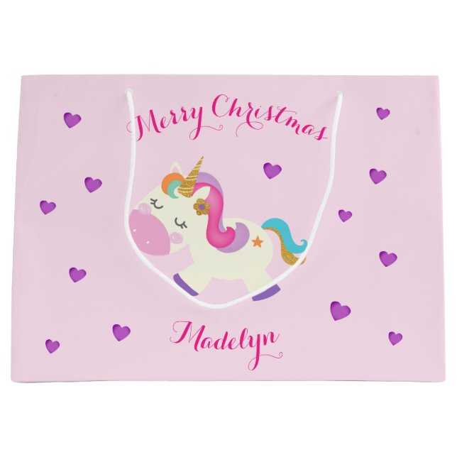 Rainbow Unicorn Weihnachtsfest Glitzer Pink Große Geschenktüte (Vorderseite)