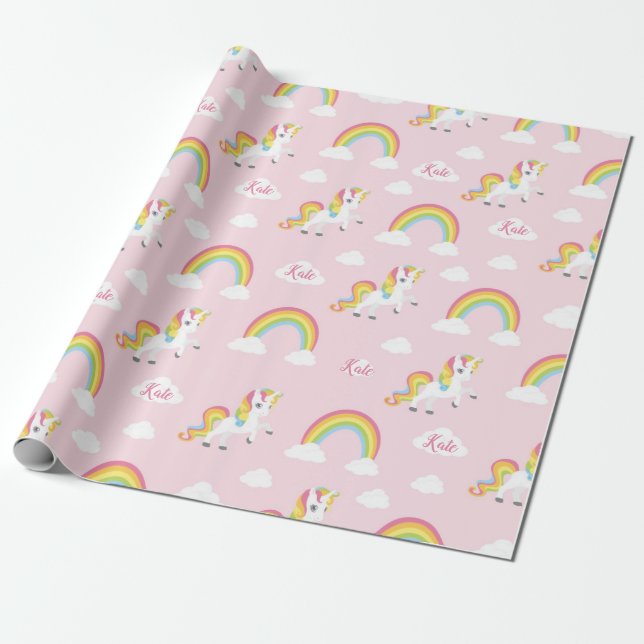 Rainbow Unicorn Wrapping Paper (Personalized) Pink Geschenkpapier (Ungerollt)