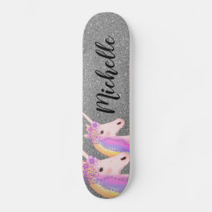 Rainbow Unicorns Girly Silver Glitzer Personalisie Skateboard
