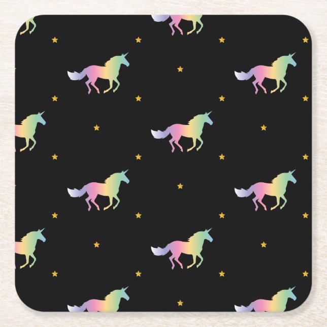 Rainbow Unicorns & Gold Stars Muster Rechteckiger Pappuntersetzer (Vorderseite)