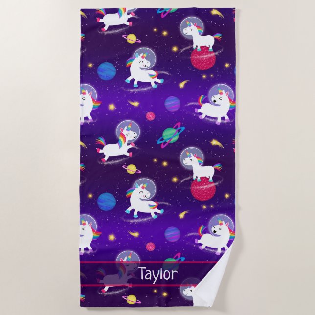Rainbow Unicorns In Space Purple Ombre Strandtuch (Vorderseite)