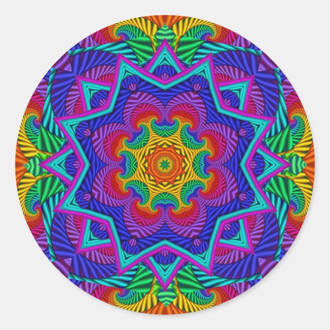 Rainbow Vintag Psychedelic Fraktal Kaleidoskop Runder Aufkleber (Vorderseite)