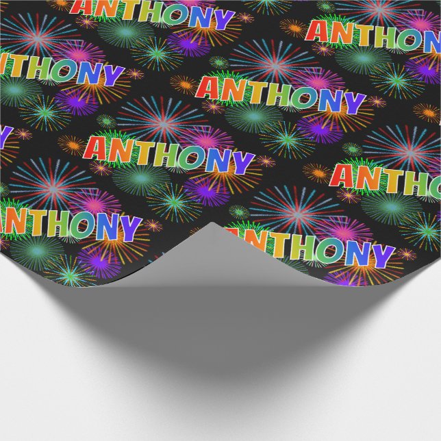 Rainbow Vorname "ANTHONY" + Feuerwerkskörper Geschenkpapier (Ecke)
