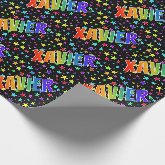 Rainbow Vorname "XAVIER" + Sterne Geschenkpapier (Ecke)