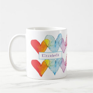 Rainbow-Wasserfarbenherzen Handgemalte Monogramm Kaffeetasse