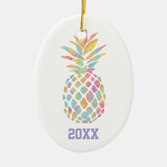 Rainbow Watercolor Ananas Tropisch Personalisiert Keramik Ornament (Vorne)