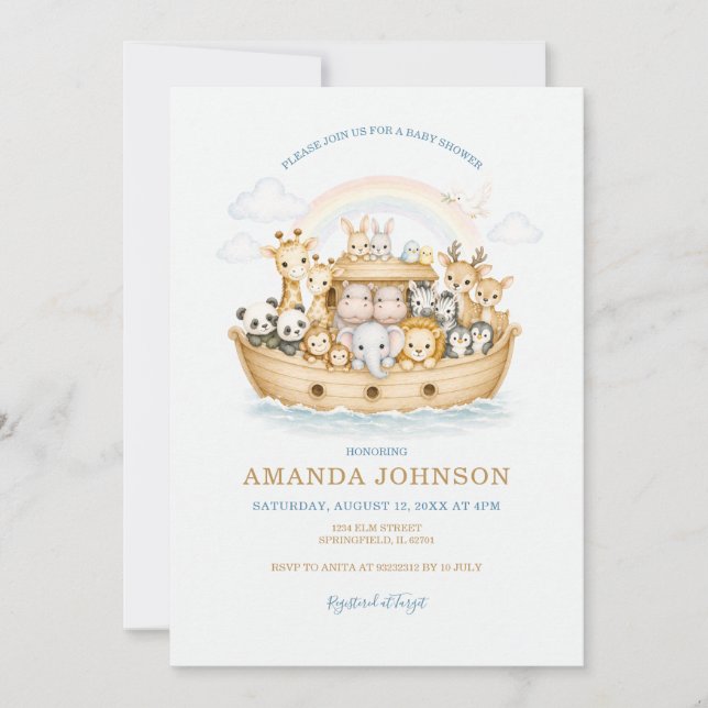 Rainbow Watercolor Animals Noah Ark Einladung (Vorderseite)