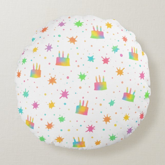 Rainbow Watercolor Birthday Cake Colorful Paint Rundes Kissen (Vorderseite)