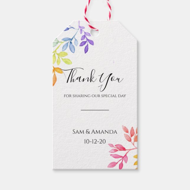 Rainbow Watercolor Botanische Blätter Hochzeit Geschenkanhänger (Vorderseite)