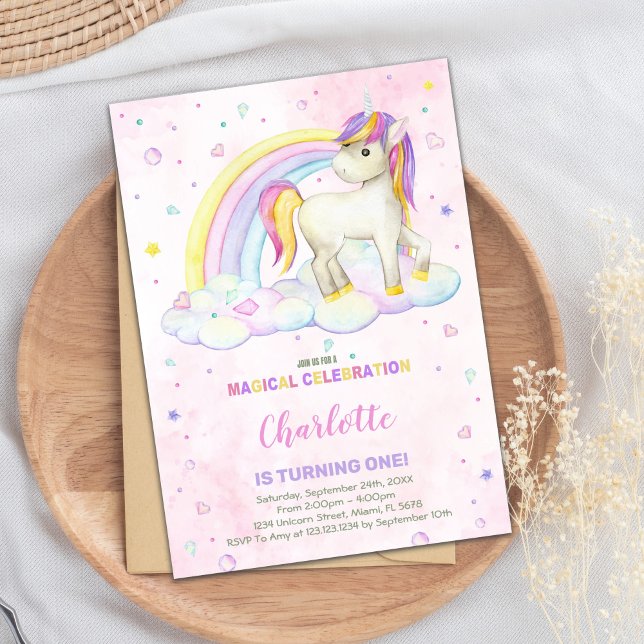 Rainbow Watercolor Einicorn Geburtstagsfeier Einla Einladung (Rainbow Watercolor Unicorn Birthday Invitations)