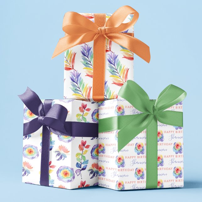 Rainbow Watercolor Floral Wrapping Paper Sheets Geschenkpapier Set (Celebrate a special birthday with these personalized wrapping paper sheets! )