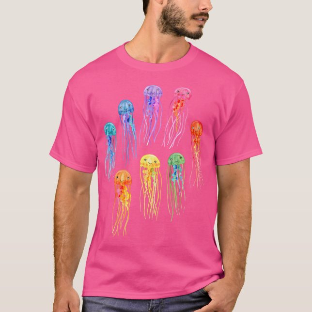 Rainbow Watercolor Jellies auf dunklen Aquamarinen T-Shirt (Vorderseite)