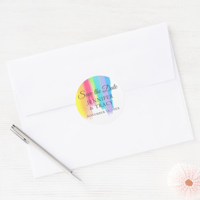 Rainbow Watercolor LGBTQ Wedding Save the Date Runder Aufkleber (Umschlag)