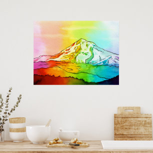 Rainbow Watercolor Mount Hood Poster