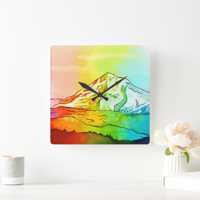 Rainbow Watercolor Mount Hood Quadratische Wanduhr (Zuhause)