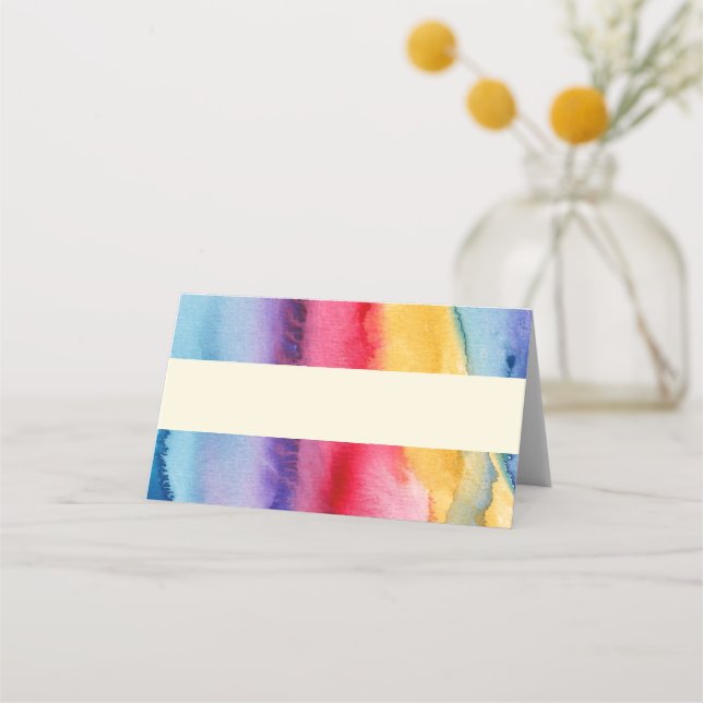 Rainbow Watercolor Painting Wash Wedding Platzkarte (Vorderseite)