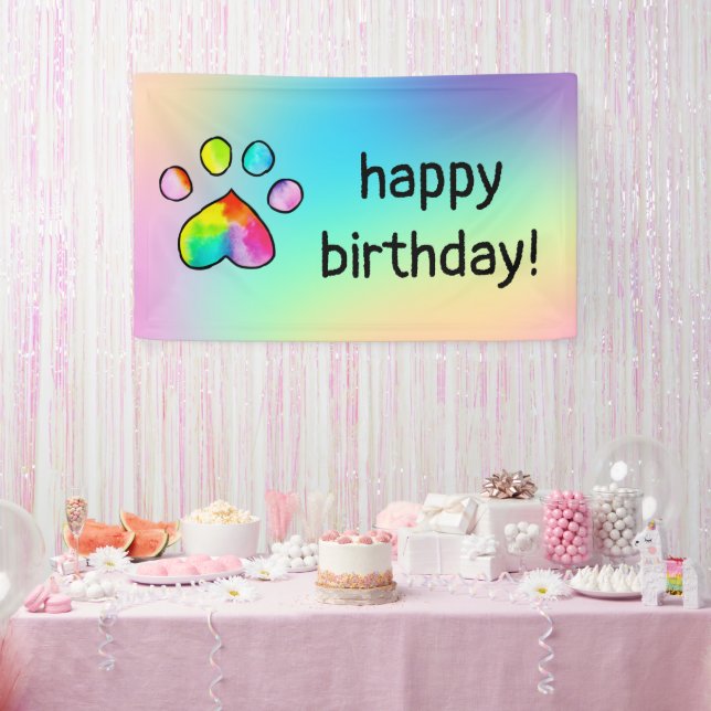 Rainbow Watercolor Paw Print Birthday Party Banner (Party)
