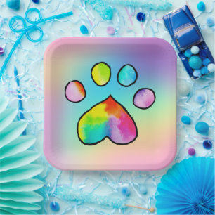 Rainbow Watercolor Paw Print Birthday Party Pappteller