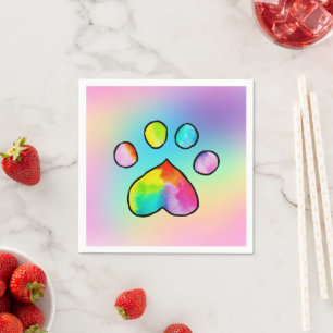 Rainbow Watercolor Paw Print Birthday Party Serviette
