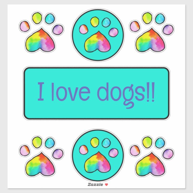 Rainbow Watercolor Paw Prints "I Liebe Hunde" Aufkleber (Blatt)