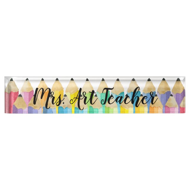 Rainbow Watercolor Pencil Teacher Schreibtisch Namensplakette (Vorderseite)