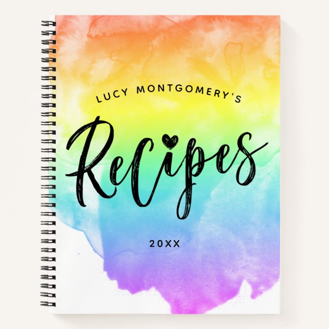 Rainbow Watercolor Pinselschrift Rezept Notizbuch (Vorderseite)
