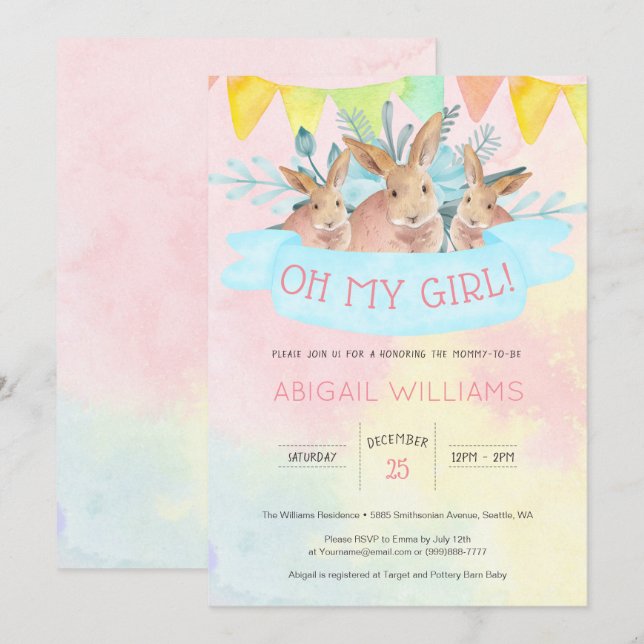 Rainbow Watercolor Rabbits Girl Baby Shoounter Einladung (Vorne/Hinten)