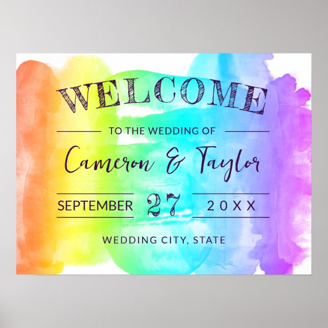 Rainbow Watercolor Splash LGBTQ Hochzeit willkomme Poster (Vorne)