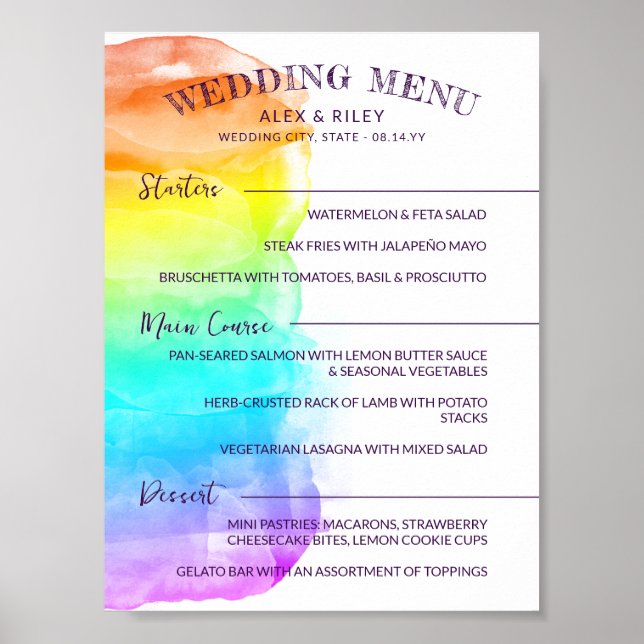 Rainbow Watercolor Splash LGBTQ Hochzeitmenü Poster (Vorne)