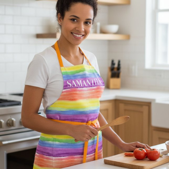Rainbow Watercolor Streifen Monogram Name Schürze (Von Creator hochgeladen)