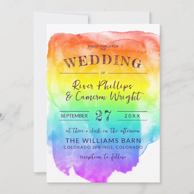 Rainbow Watercolor Wash LGBTQ Hochzeit Einladung (Vorderseite)