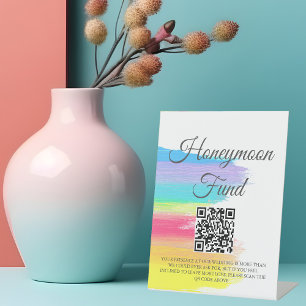 Rainbow Watercolor Wedding Honeymoon Fund QR Code Sockelschild