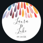 Rainbow Watercolor Wedding Stickers<br><div class="desc">Rainbow Watercolor Hochzeitskleber. Entworfen mit einem Regenbogen von Farben in Form von Tropfen mit Wasserfarbe Stilisieren. Passen Sie dieses Design mit Ihrem Namen oder Ihrer benutzerdefinierten Nachricht an,  die Sie einschließen möchten! Die Hintergrundfarbe ist Set zu Weiß,  Sie können jedoch eine Füllfarbe Ihrer Wahl wählen.</div>