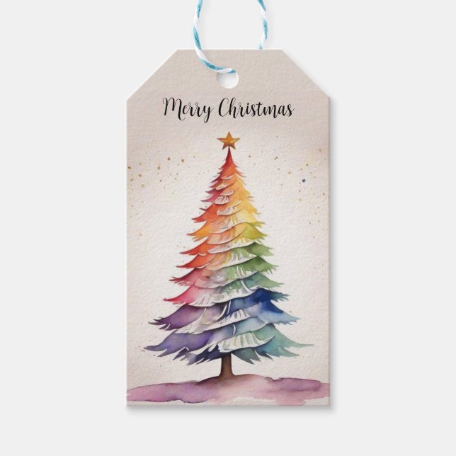 Rainbow Watercolor Weihnachtsbaum Geschenkanhänger (Vorderseite)