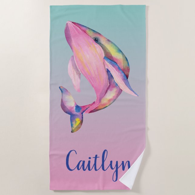 Rainbow Watercolor Whale Strandtuch (Vorderseite)