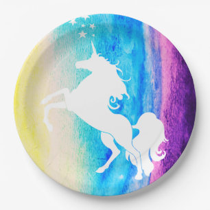 Rainbow Watercolor & White Unicoron Silhouette Pappteller
