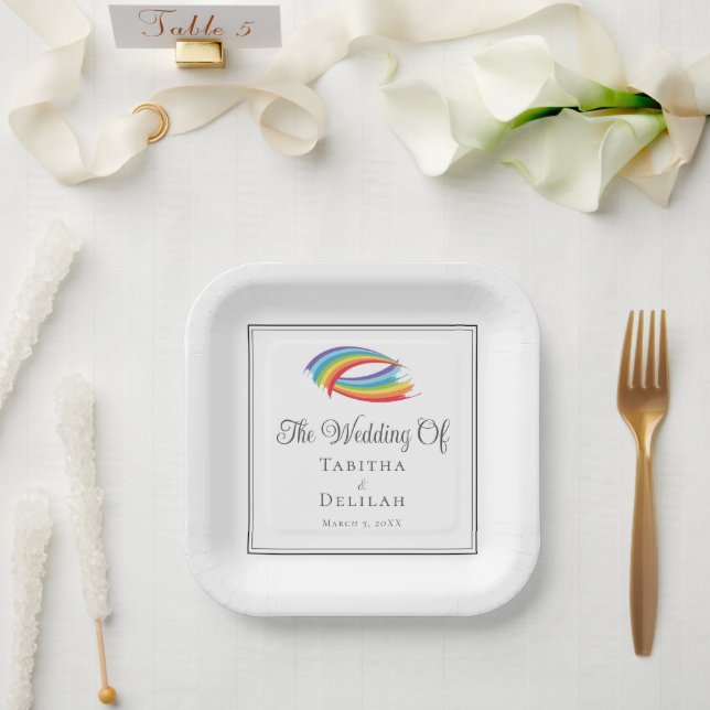 Rainbow Waves Chic LGBT Wedding Square Pappteller (Hochzeit)