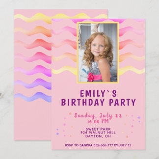 Rainbow Waves Pink Girl Foto Geburtstagsparty Einladung